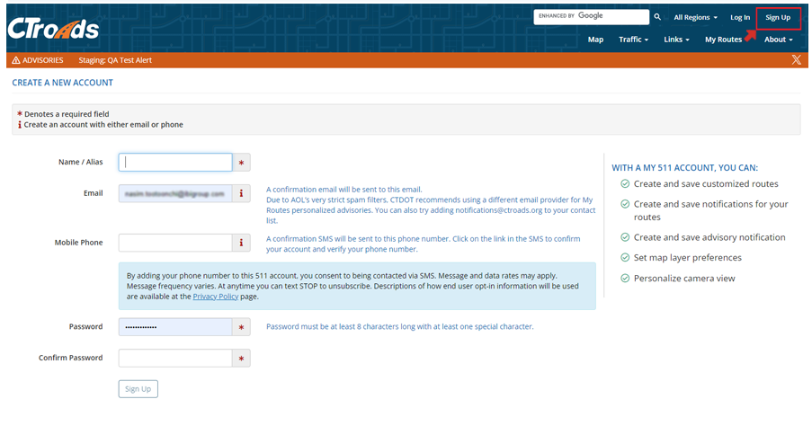 Signing up with CTroads